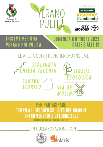 Manifestazione "VERANO PULITA 2023 - Domenica 8 ottobre dalle 9 alle 12" - Apertura iscrizioni
