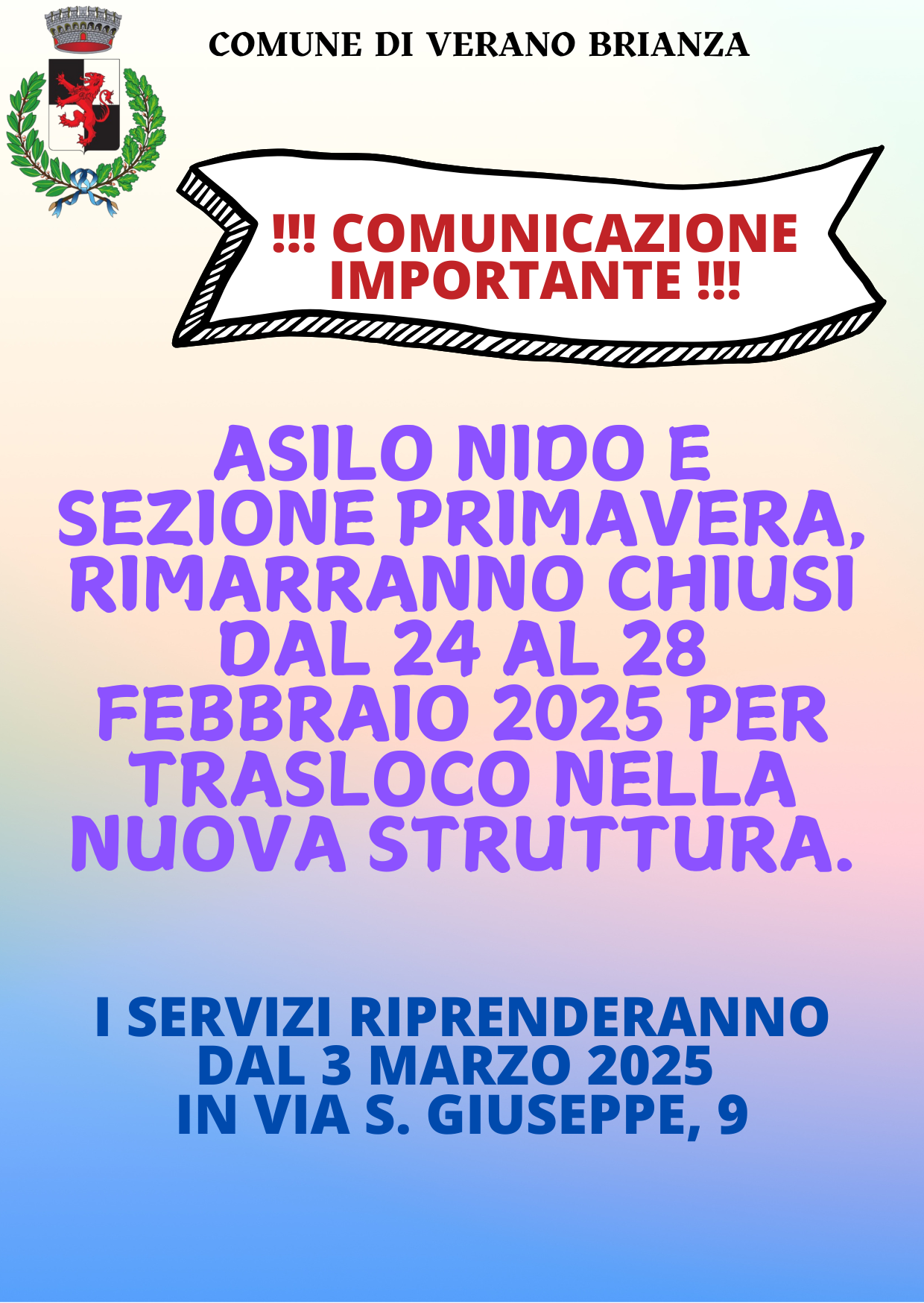 Chiusura servizi Asilo Nido e Sezione Primavera dal 24/02/2025 al 28/02/2025